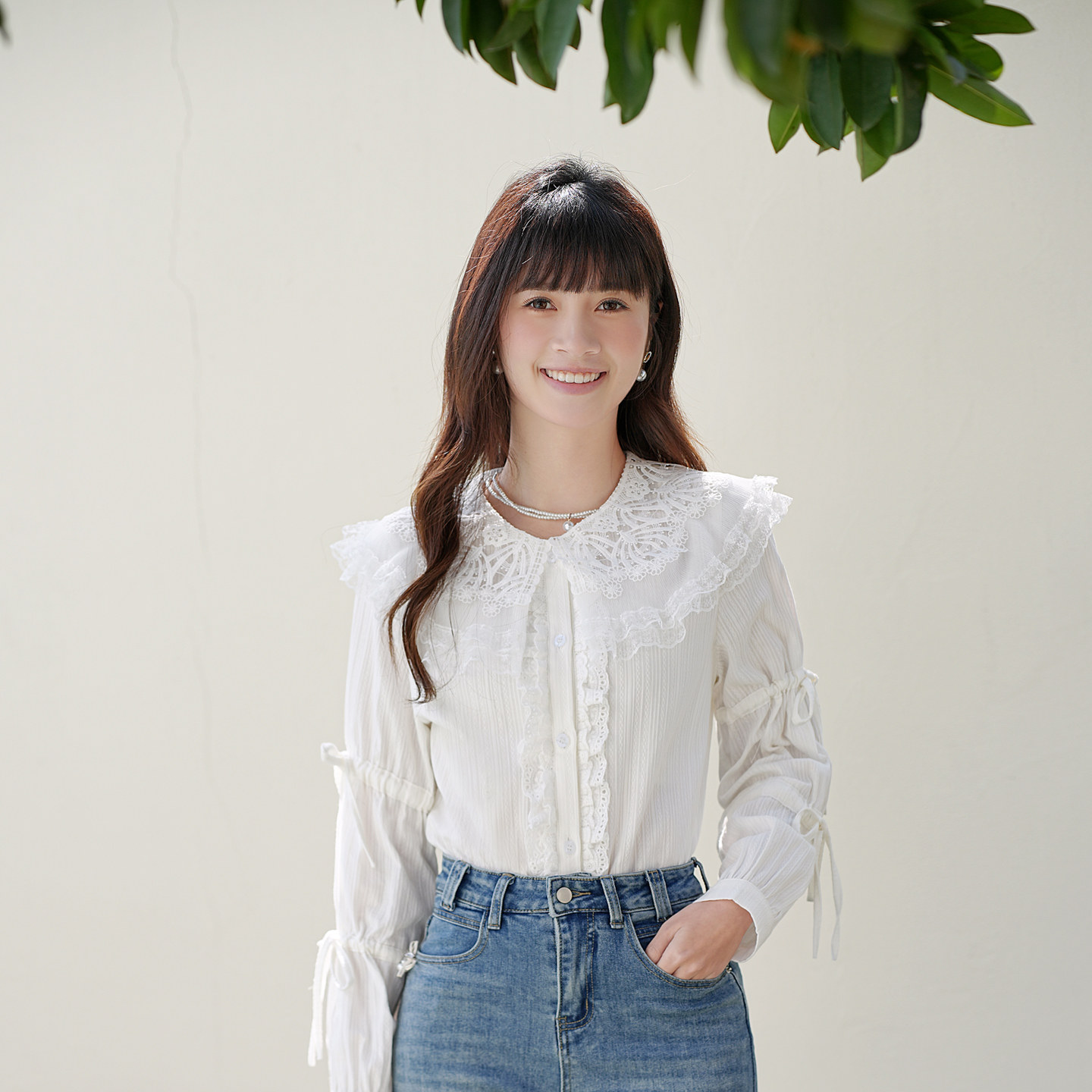 ATAR甜美荷叶翻领棉布衬衫春夏新款花边衬衣温柔少女风小清新上衣