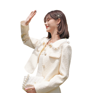 ATAR淑女小香风花边翻领短外套2025春秋新款订珠提花小西服上衣潮