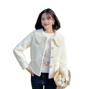 ATAR仿貂绒短外套女冬季新款甜美珍珠领舒适短款上衣洋气时尚上衣