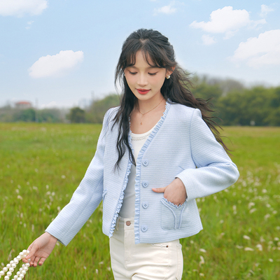 小香风粗花呢木耳边V领外套