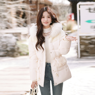 ATAR韩版连帽中长款羽绒服女气质淑女白鸭绒收腰显瘦外套冬季保暖
