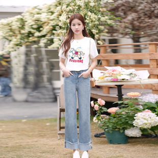 ATAR潮流2026夏女装新品木偶马圆领短袖T恤牛仔直筒九分裤子套装