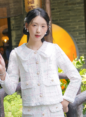 ATAR小香风外套秋冬女装新款翻领编织呢木耳边设计感小众短上衣潮