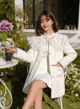 ATAR洋气淑女甜美珍珠翻领中长款貂绒外套冬装新款荷叶边呢料大衣