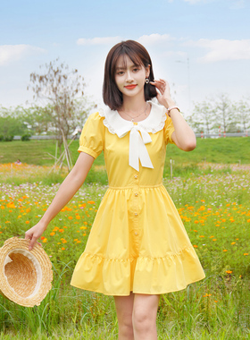 ATAR淑女夏装新款拼色娃娃领荷叶边短袖连衣裙 松紧腰衬衫短裙子