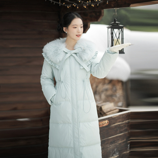 ATAR冬装长款羽绒服白狐毛领收腰羽绒保暖大衣 洋气淑女减龄外套
