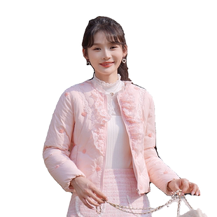 ATAR法式宫廷羽绒服女名媛气质甜美短款荷叶花边白鸭绒绣花短外套