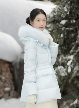 ATAR休闲冬装新款蕾丝花边收腰羽绒服女 真狐狸毛领连帽保暖外套