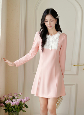 ATAR法式气质减龄长袖连衣裙早秋新款蕾丝拼接圆领针织打底裙短裙