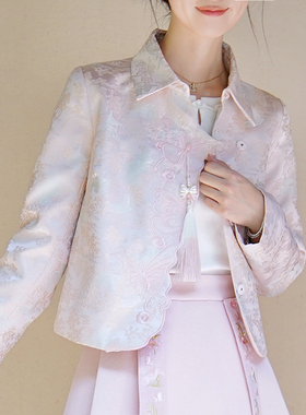 ATAR新中式国风绣花衬衫式短外套女2025秋冬新款吊坠提花加厚衬衣