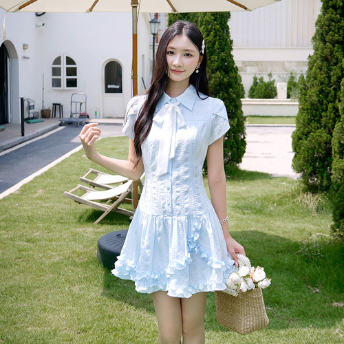 女夏装蝴蝶结绣花条纹短袖连衣裙