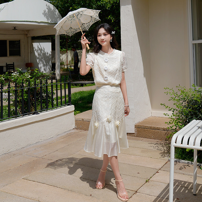 ATAR名媛淑女夏装新款立体花绣花短袖雪纺衫拼接A字鱼尾裙套装裙