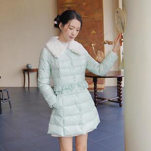 ATAR中长白鸭羽绒外套减龄蕾丝花边浪漫淑女收腰保暖显瘦羽绒服女