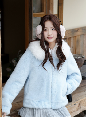 ATAR甜美风撞色环保皮草外套女秋冬大毛领设计感小众皮毛一体上衣