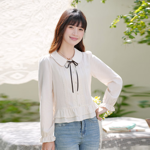 春女装蕾丝花边拼接翻领长袖衬衫