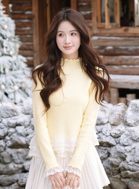 ATAR温柔慵懒风木耳边针织衫女秋冬新修身内搭毛衣蕾丝拼接打底衫