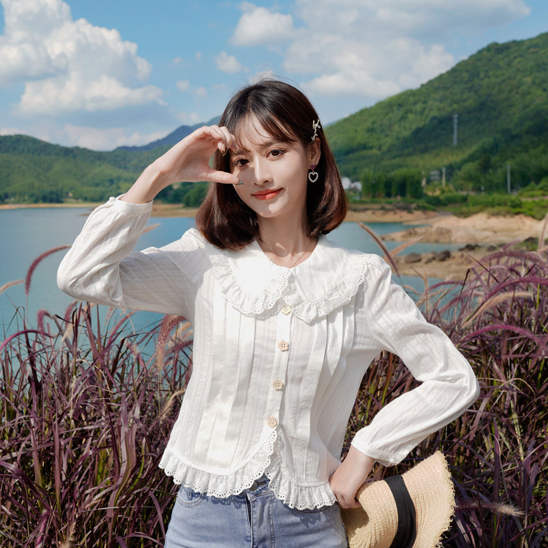 通勤OL竖条纹花边长袖棉布衬衫