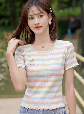 木耳边条纹短袖圆领t恤女夏季设计感小众美式复古显瘦针织上衣夏