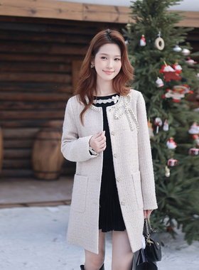 ATAR韩版洋气冬装新款女手工订珠粗花呢外套 蝴蝶结镶钻呢子大衣