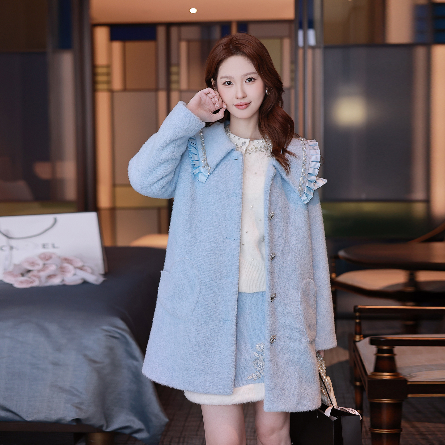 ATAR新款甜美手工订珠中长款外套