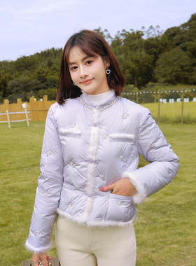 ATAR国风冬装新款真水貂毛拼接短款羽绒服 小香风白玫瑰绣花外套