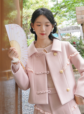 ATAR小香风甜美秋冬外套女木耳边国风盘扣短上衣淑女气质减龄外衣