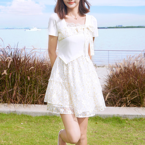 ATAR小香风复古假两件短袖连衣裙女夏季新款蝴蝶结蕾丝印花短裙子