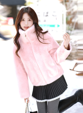 ATAR冬新款休闲皮毛一体短款仿皮草女韩版年轻毛茸茸纯色舒适外套