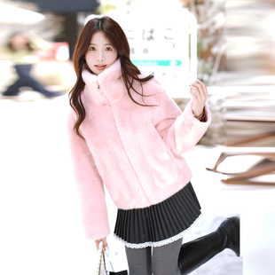 ATAR冬新款休闲皮毛一体短款仿皮草女韩版年轻毛茸茸纯色舒适外套