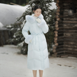 ATAR淑女冬装新款奢华可脱狐狸毛领中长羽绒服外套 收腰保暖大衣