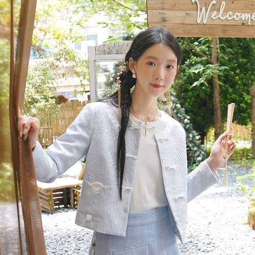 通勤OL短款盘扣拼色小西服外套
