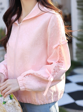 ATAR甜美连帽短外套女2026春秋新蕾丝拼接衣袖蝴蝶结设计小众夹克