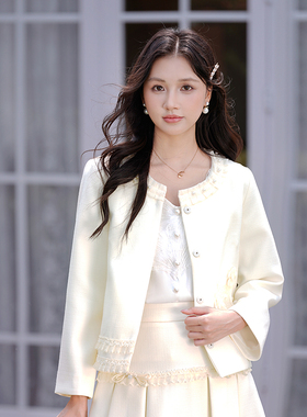 ATAR小香风气质减龄短外套女秋冬新款立体花不对称蕾丝拼接上衣潮