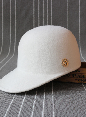 秋冬新款白色羊毛呢马术帽双金M标棒球帽英伦复古保暖女鸭舌帽潮