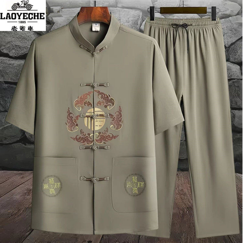 CLASSIC CAR SUMMER ICE SENSE MIDDLE-AGED AND ELDERLY MEN TANG STYLE EMBROIDERY SHORT SLEEVE COTTON AND LINEN SUIT DAD WEAR THIN MODEL