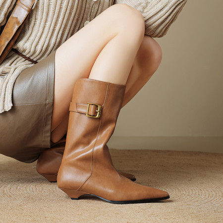 真皮尖头粗跟瘦瘦女靴