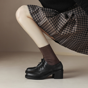 真皮复古英伦风小皮鞋女秋冬季加绒乐福鞋粗跟高跟鞋法式气质单鞋