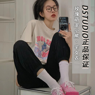 Dstudio杜小宅春款玫瑰萌宠小熊印花宅女衣短袖束脚长卫裤两件套