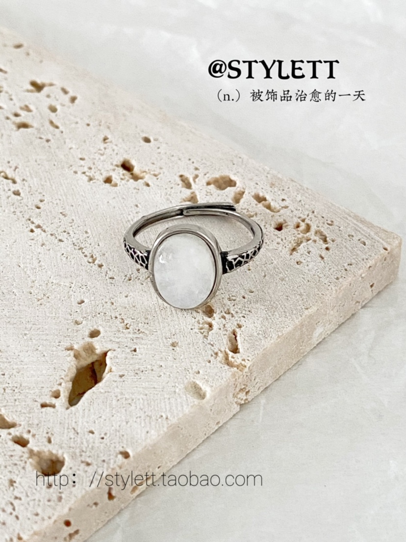 女电镀银复古蓝月光戒指天然开口