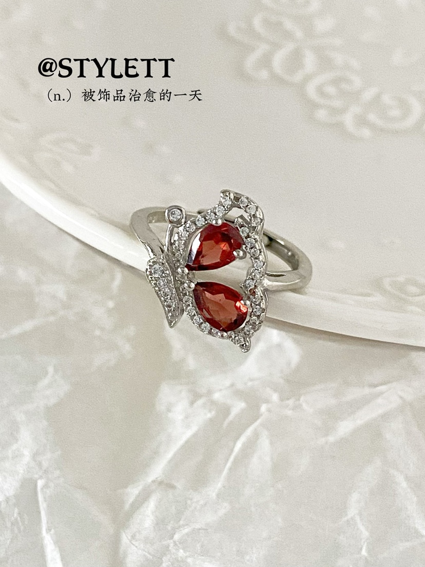 锆石女电镀银甜美石榴石戒指天然