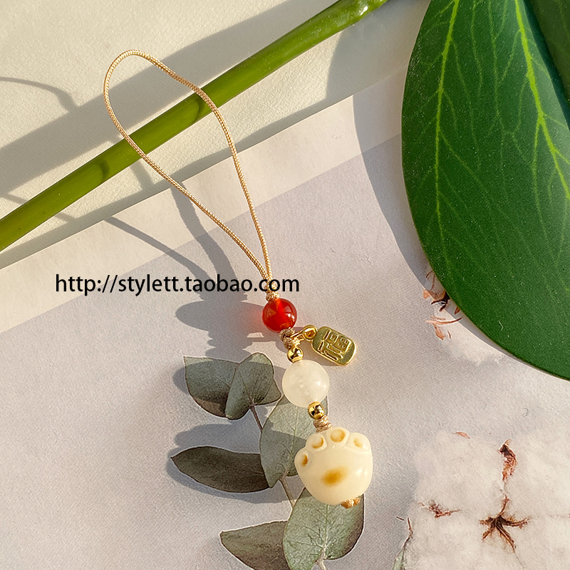 手工定制炭烧白玉菩提小猫爪手机挂绳玛瑙手机链钥匙扣衣襟挂