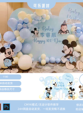 蓝色米奇素材米妮迪士尼米老鼠男宝宝宴生日派对迎宾牌AI psd设计
