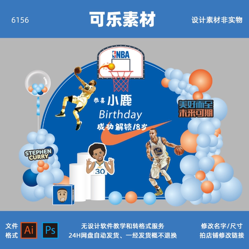 蓝色篮球库里NBA儿童生日派对周岁宝宴运动会背景布置设计psd素材