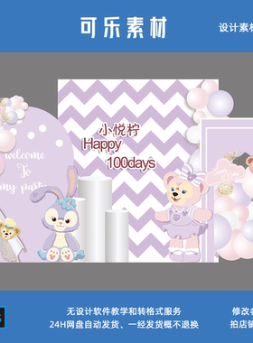 紫色白条纹星黛露女宝宝宴周岁十岁生日派对迎宾区素材设计PS格式