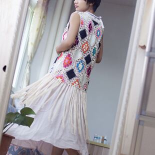 泰国异域嬉皮士风手工钩花拼格流苏马甲背心开衫小外套波西米亚女