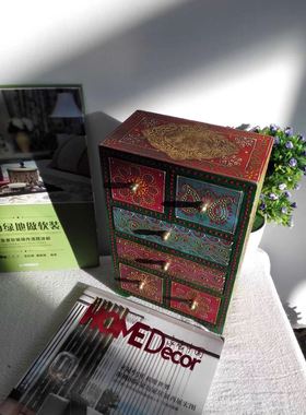 印度特色手工彩绘木质抽屉首饰盒东南亚风古着收纳盒抽纸盒饰品盒