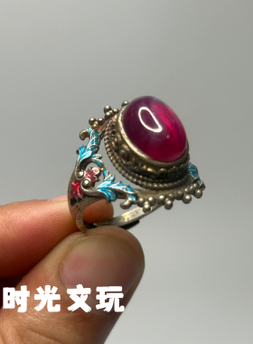 文玩收藏镶嵌红宝石星光宝石戒指复古做旧民族风开口戒指指环