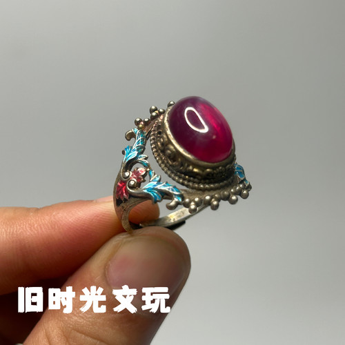 文玩收藏镶嵌红宝石星光宝石戒指复古做旧民族风开口戒指指环