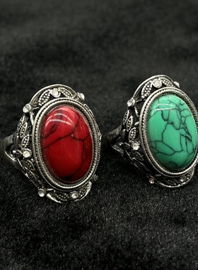 藏式民族风复古方松石珊瑚女款戒指指环 影视道具