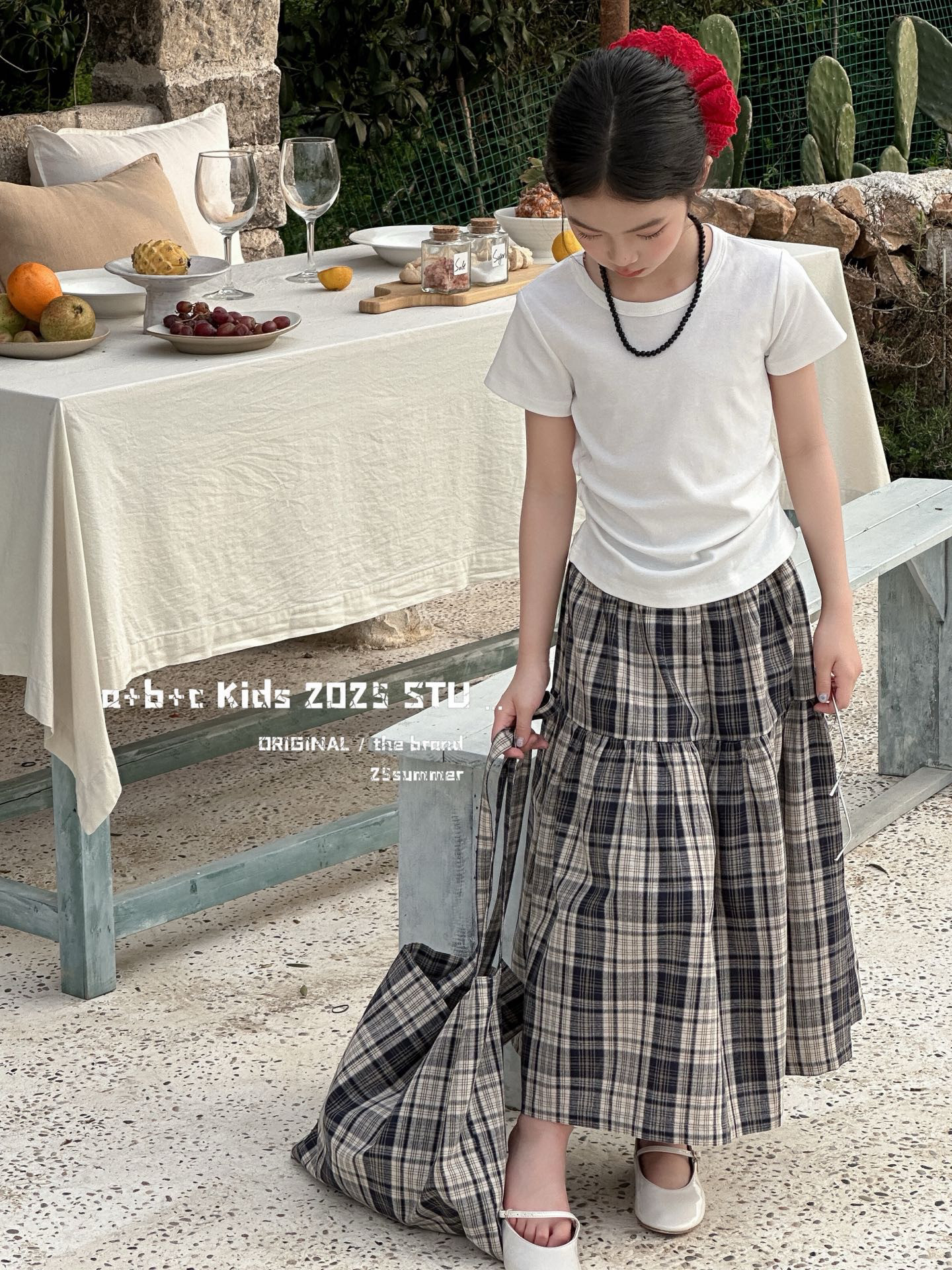 女童短袖T恤裙子套装夏季洋气时髦格子半身裙中大童夏装两件套韩